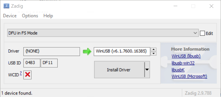 The Zadig window with DFU in FS Mode selected and WinUSB as the target driver